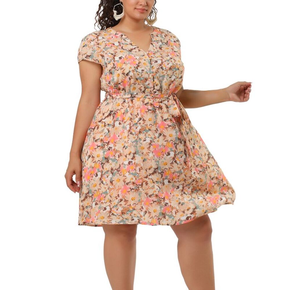 Plus Size Peach Floral Midi Dress with Waist Tie